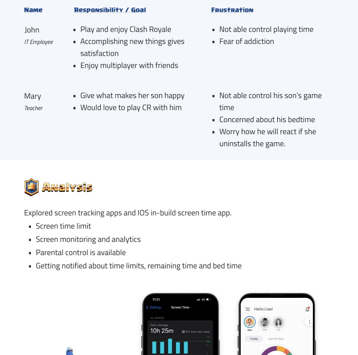 Persona and screen-time app analysis for the Clash Royale parental control concept