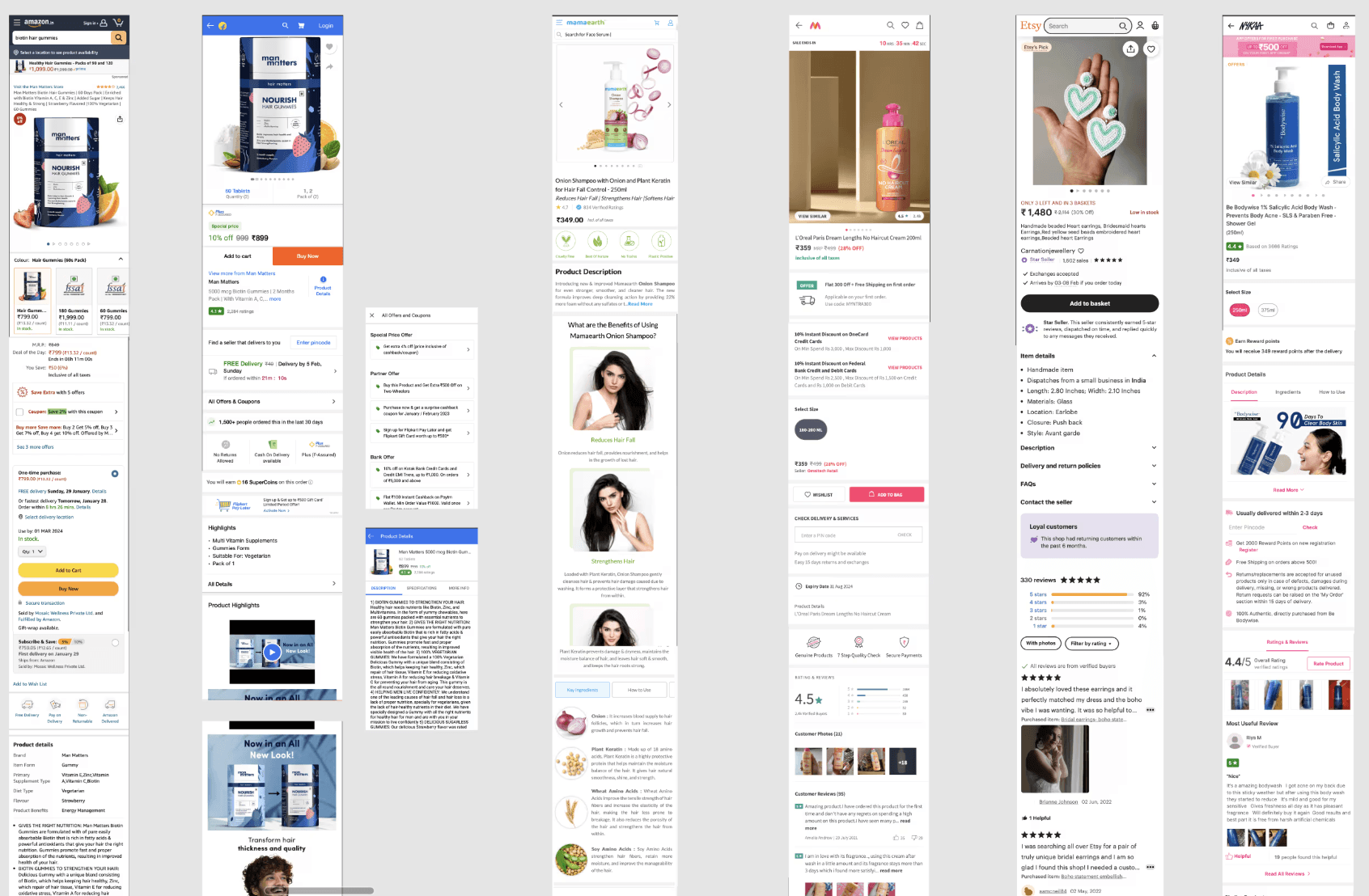 Competitive analysis board comparing PDP layouts across ecommerce and wellness platforms