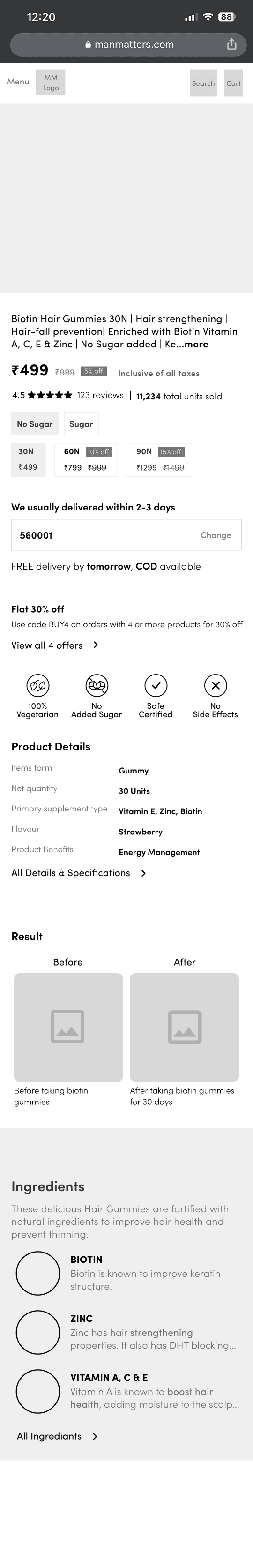 Low fidelity PDP wireframe showing the proposed mobile product page structure